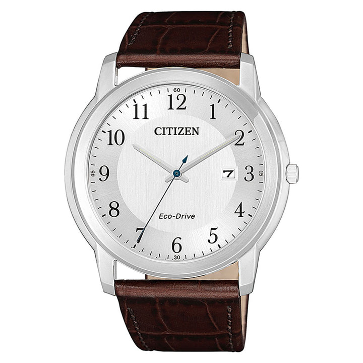 Citizen Brown Leather Band Eco-Drive White Dial Men's Watch - AW1211-12A