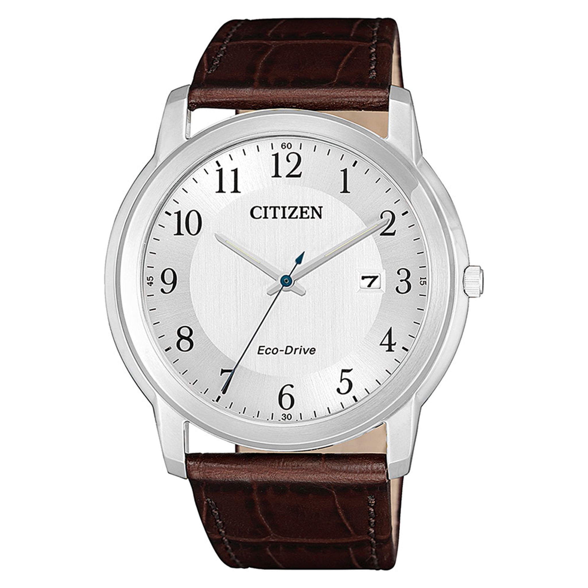 Citizen Brown Leather Band Eco-Drive White Dial Men's Watch - AW1211-12A