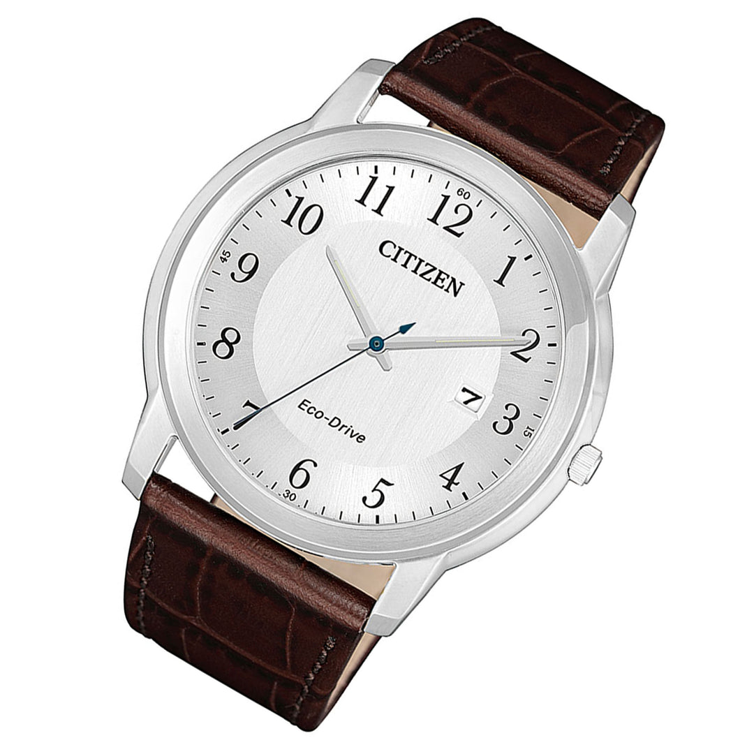 Citizen Brown Leather Band Eco-Drive White Dial Solar Men's Watch - AW1211-12A