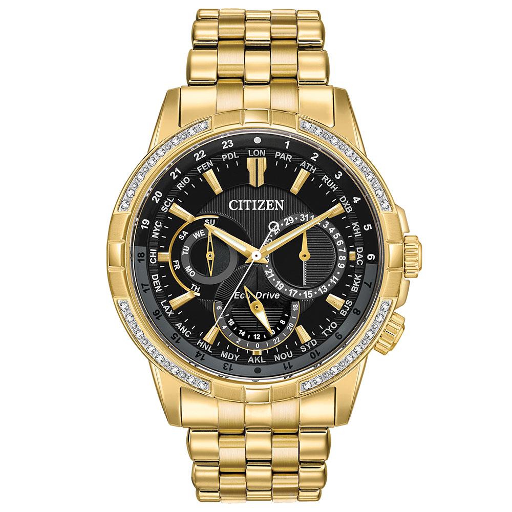 Citizen Gents World Time Eco-Drive Gold Steel Diamond Men's Watch - BU ...