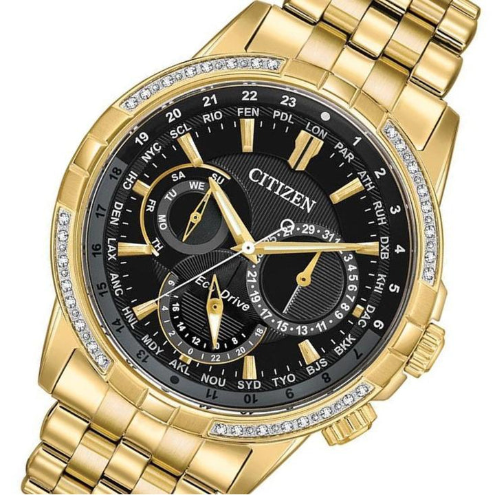 Citizen Gents World Time Eco-Drive Gold Steel Diamond Men's Watch - BU2082-56E