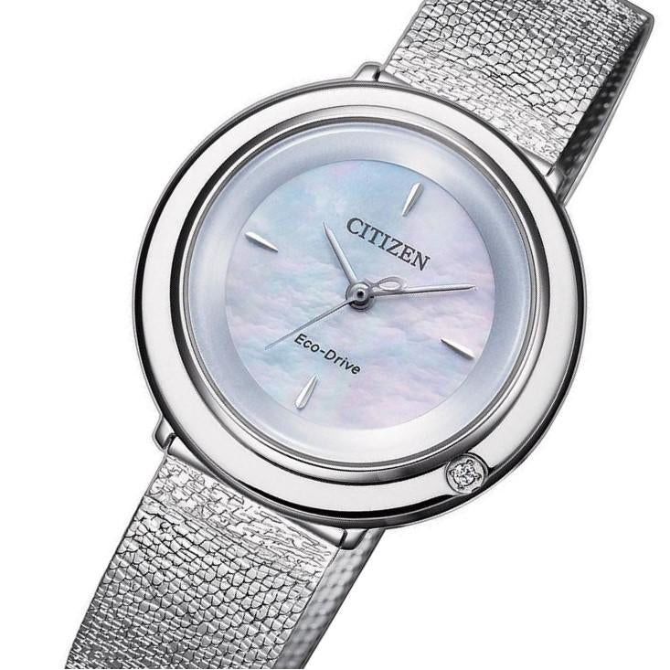 Citizen Ladies Diamond Eco-Drive Silver Steel Mesh Watch - EM0640-82D