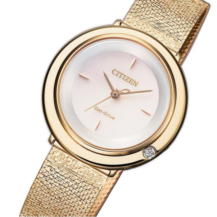 Citizen Ladies Diamond Eco-Drive Rose Gold Steel Mesh Watch - EM0643-84X