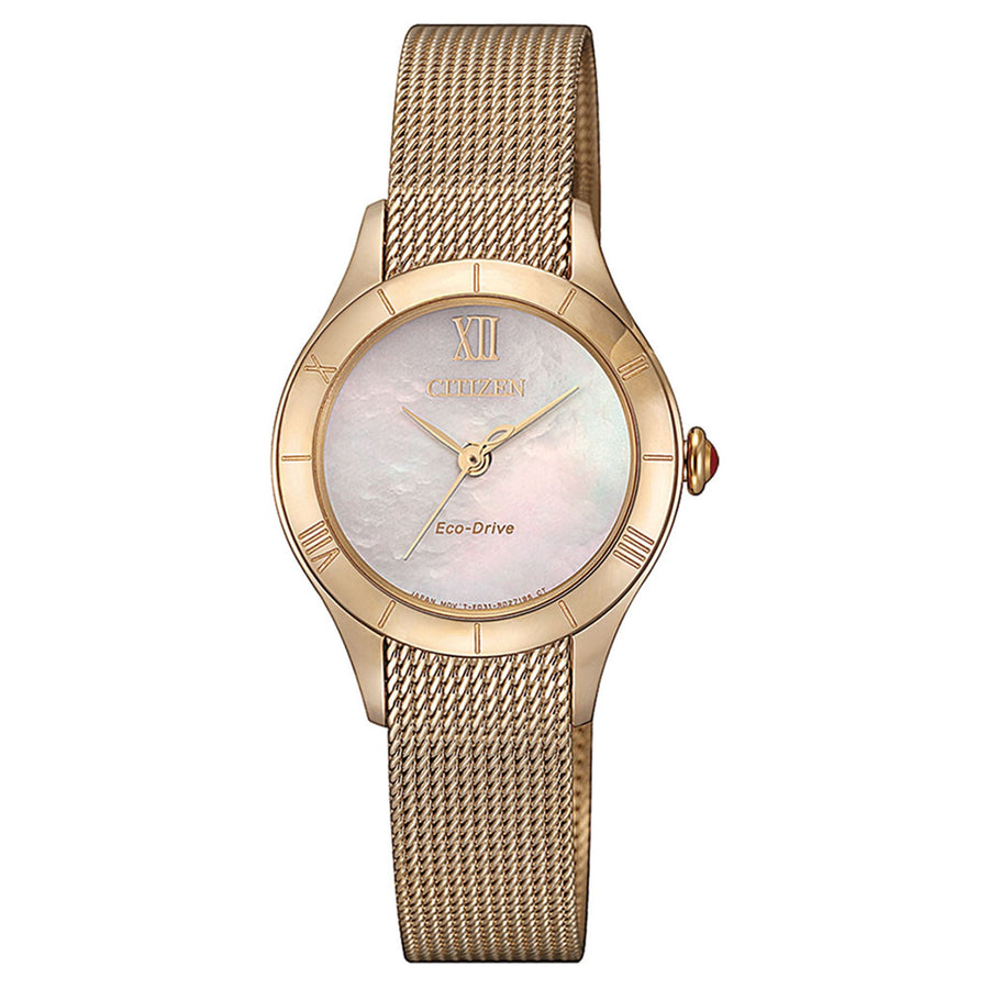 Citizen Rose Gold Steel Mesh Eco-Drive Mother Of Pearl Dial Women's Watch - EM0783-85D