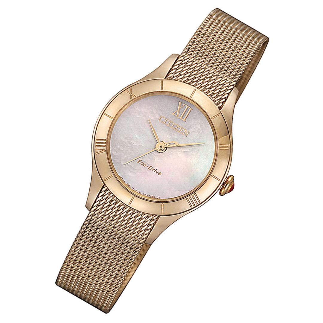 Citizen Rose Gold Steel Mesh Eco-Drive Mother Of Pearl Dial Solar Women's Watch - EM0783-85D