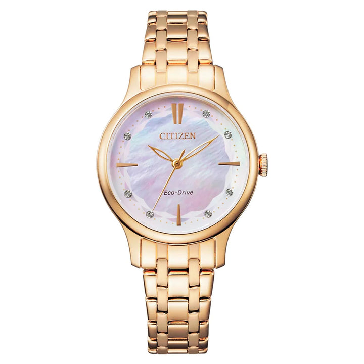 Citizen Eco Drive Gold Steel Pink Mother of Pearl Dial Women's Solar Watch - EM0893-87Y