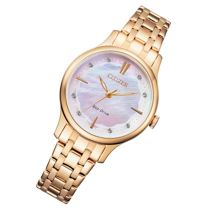 Citizen Eco Drive Gold Steel Pink Mother of Pearl Dial Women's Solar Watch - EM0893-87Y