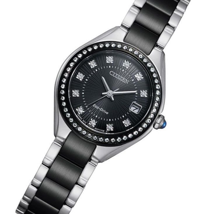 Citizen Silver Steel Eco-Drive Black Dial Women's Watch - EW2558-88E