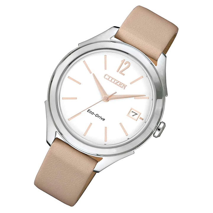 Citizen Eco Drive Beige Leather White Dial Women's Solar Watch - FE6141-19A