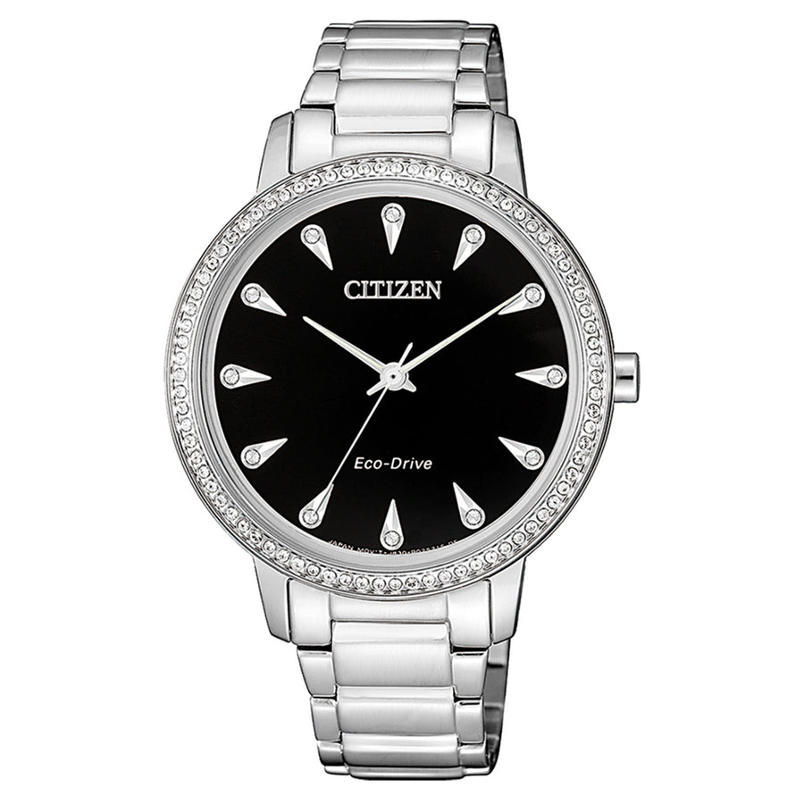 Citizen Silver Steel Eco-Drive Black Dial Women's Watch - FE7040-53E