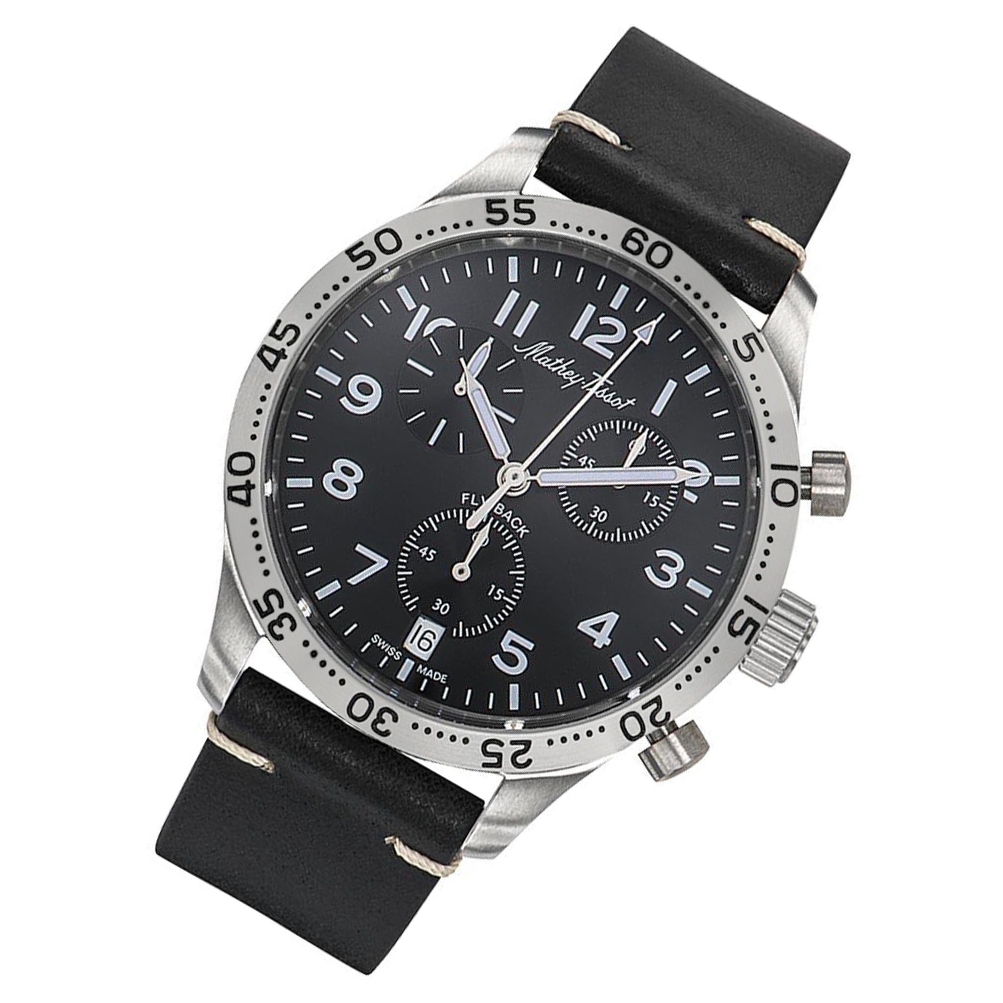 Mathey-Tissot Type 21 Flyback Leather Black Dial Swiss Made Men's Watch - H1821CHALNG