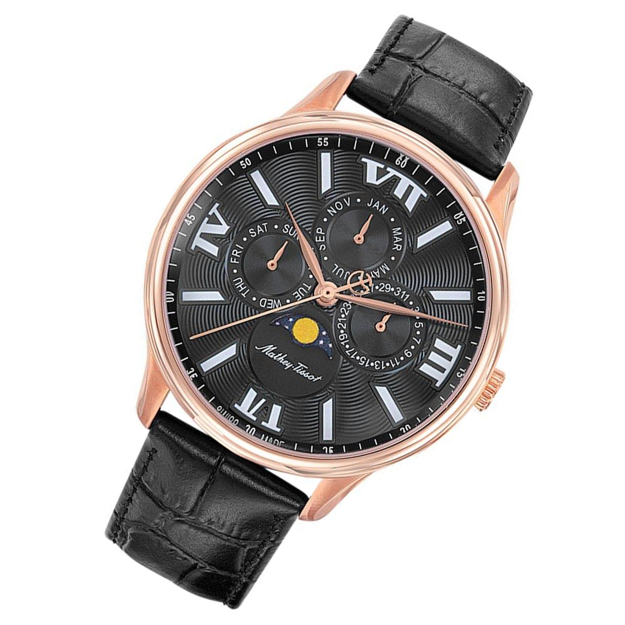 Mathey Tissot Edmond Moon Leather Black Dial Swiss Made Men s