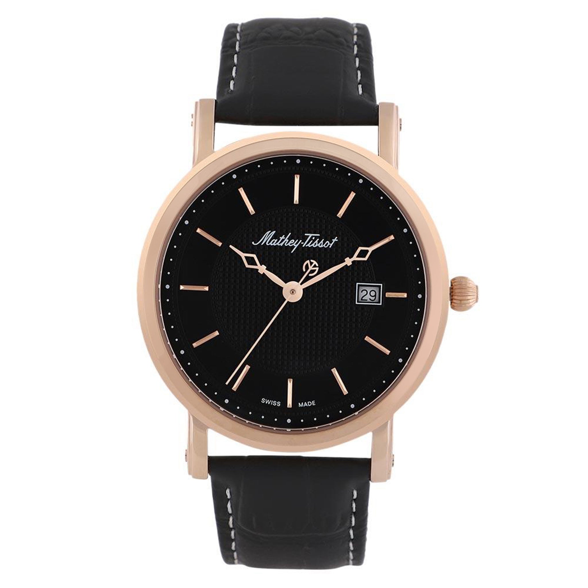 Mathey-Tissot City Leather Black Dial Swiss Made Men's Watch - HB611251PN