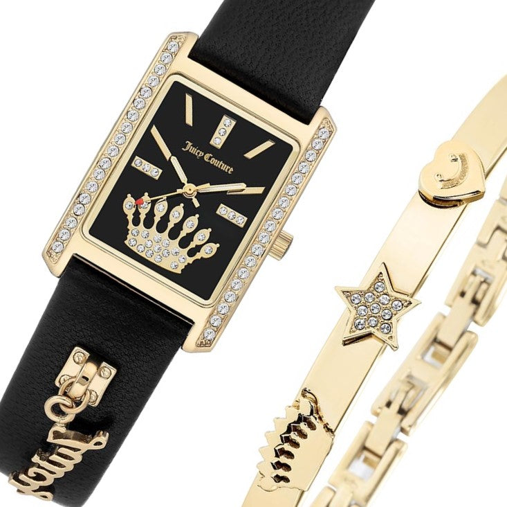 Juicy Couture Black Leather & Bangle Set Women's Watch - JC1030GPST