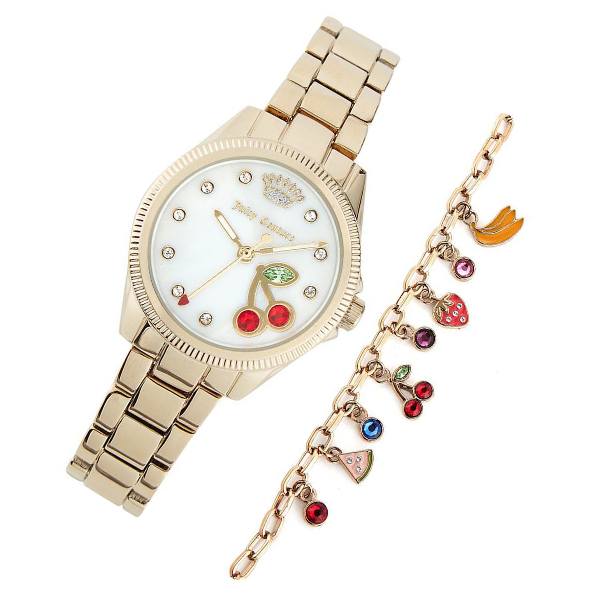 Juicy Couture Gold-Tone Band White Mother of Pearl Dial Women's Watch & Bracelet with Charms - JC1166GBST