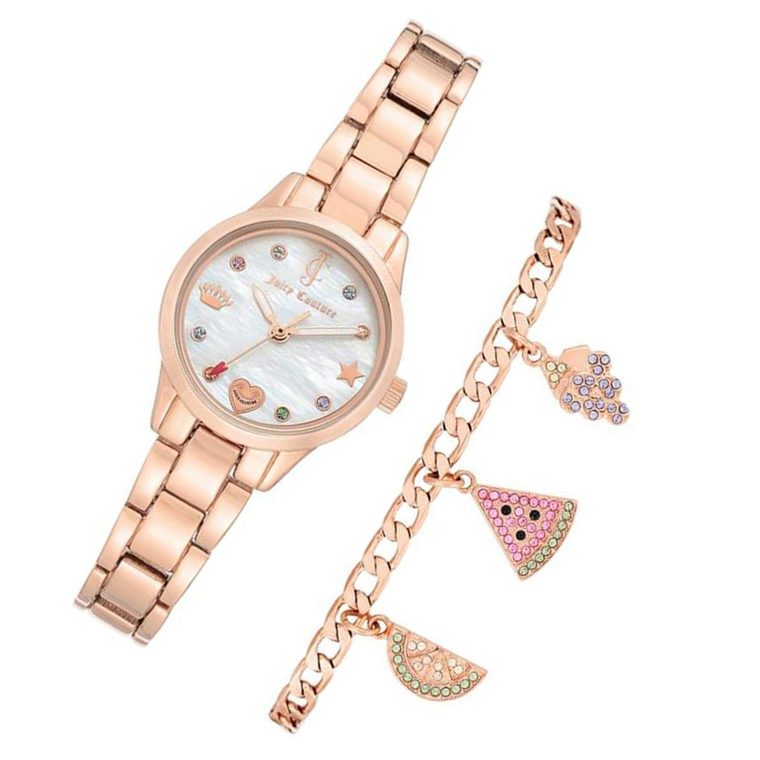 Juicy Couture Rose Gold Steel White Mother of Pearl Dial Women's Watch & Bracelet with Charms Set  - JC1236RGST