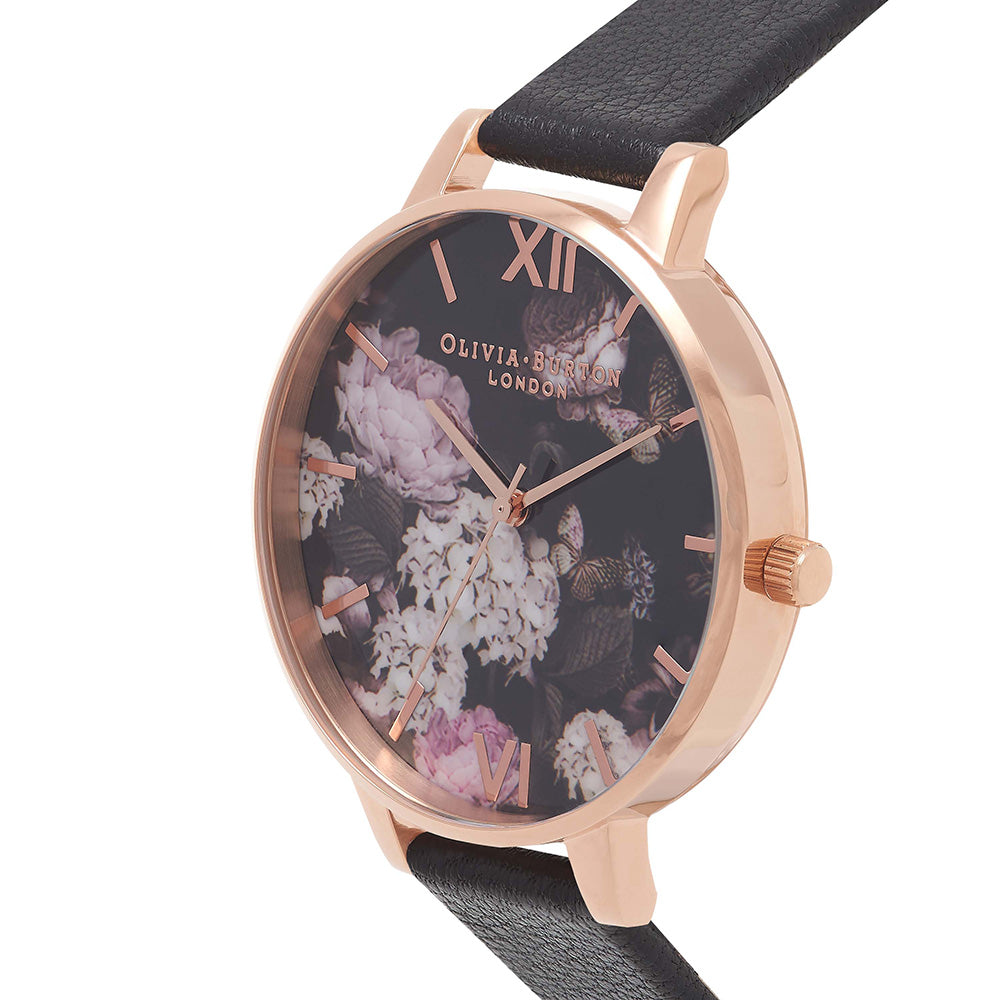 Olivia Burton Signature Black Leather Floral Dial Women's Watch - OB15WG12