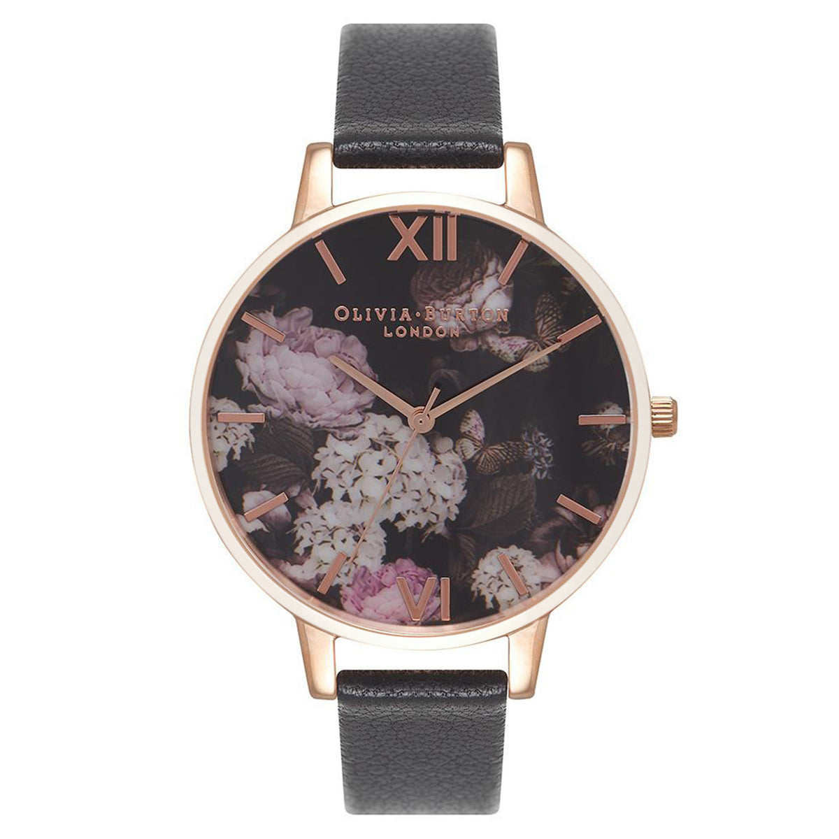 Olivia Burton Dancing Daisy Floating Flowers Watch With Black Leather Band Signature 34mm Floral T-Bar Gold & Black Leather Strap Watch  main image 2