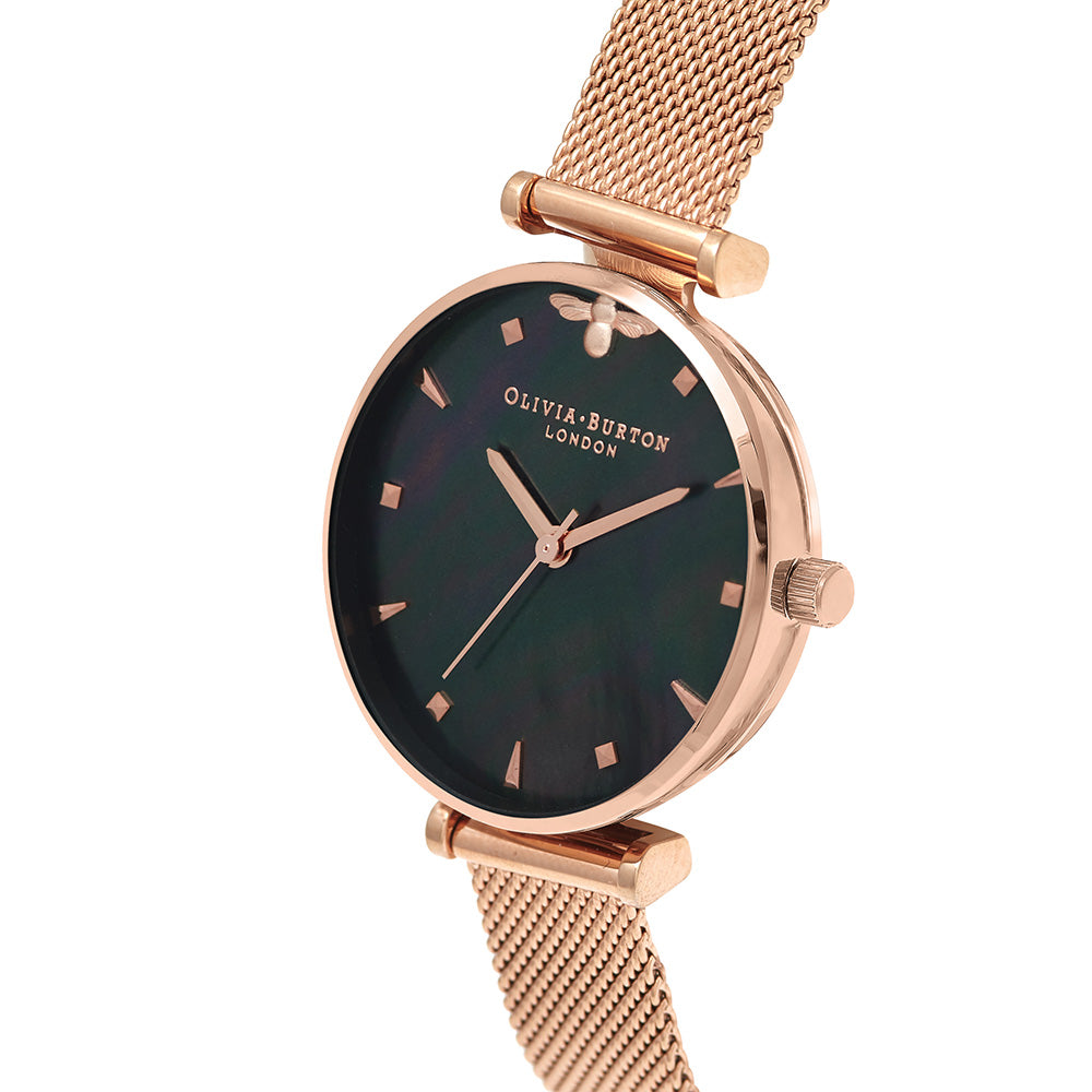 Olivia Burton Queen Bee Black Mother of Pearl Mesh Ladies Watch - OB16AM145
