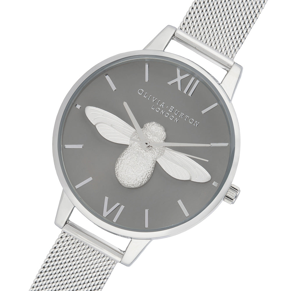 Olivia Burton 3D Bee Silver Mesh Ladies Watch OB16AM159 The