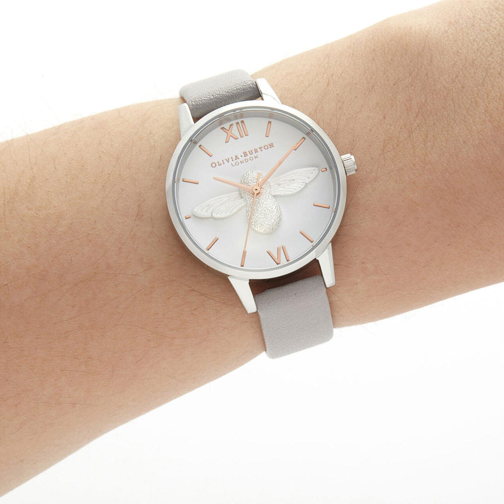 Olivia Burton 3D Bee Grey Lilac Leather Women's Watch - OB16AM163