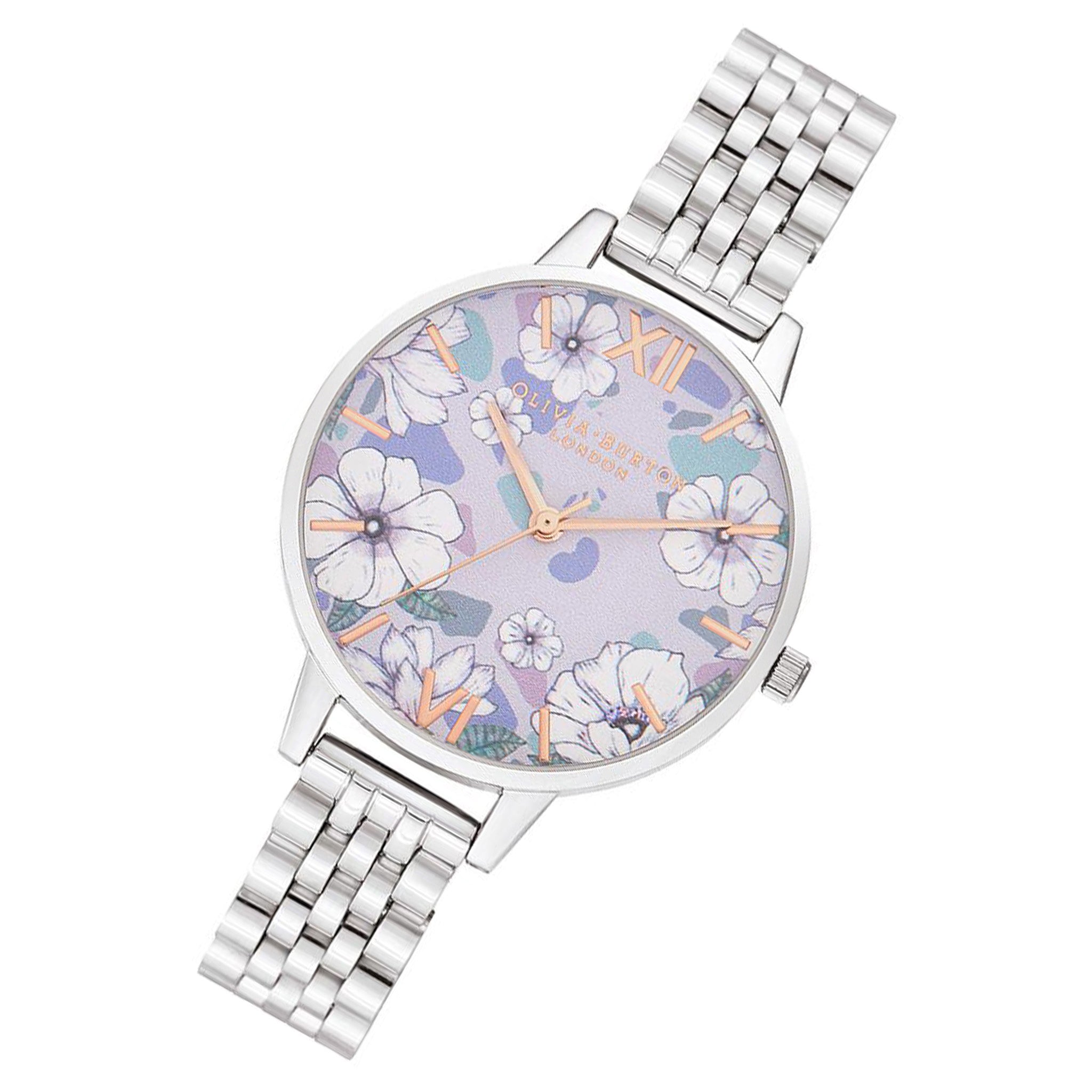 Olivia Burton Groovy Blooms Silver Steel Floral Dial Women's Watch - OB16AN05