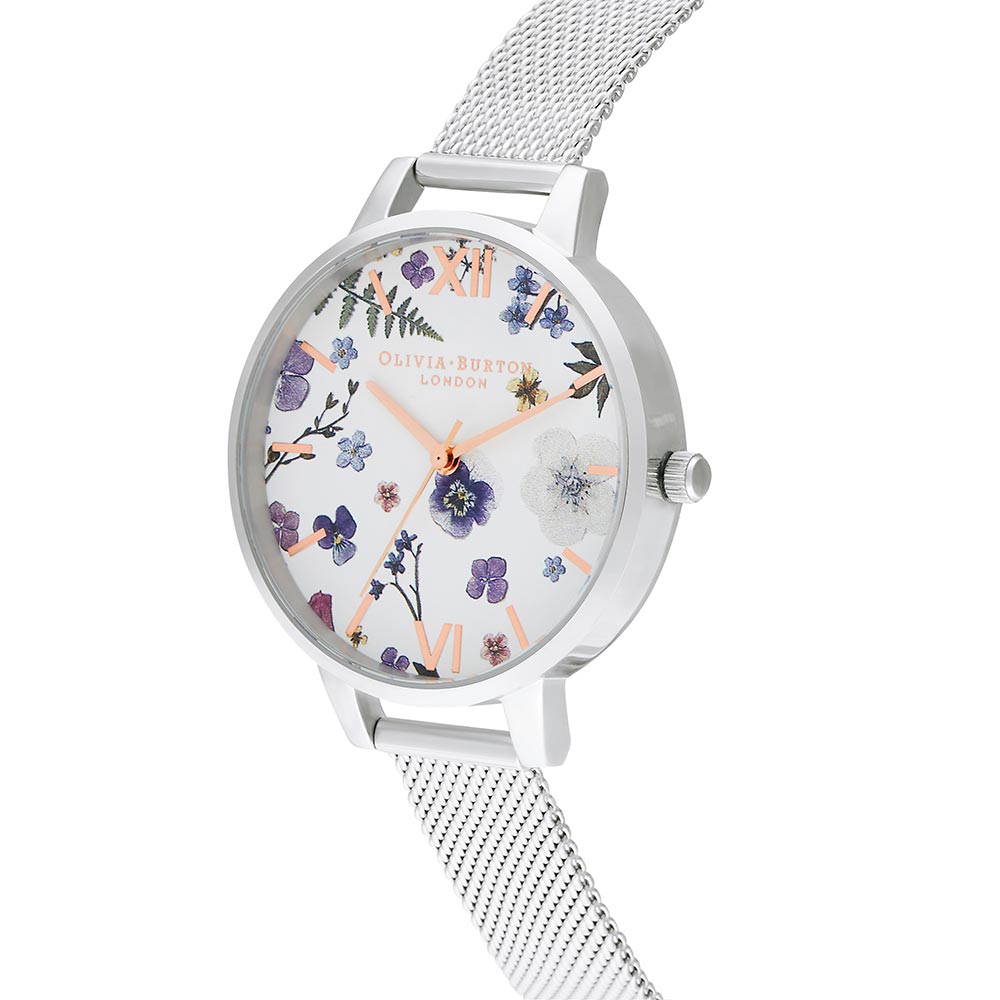 Olivia Burton Artisan Silver Mesh White and Floral Dial Women's Watch - OB16AR09