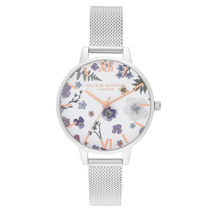 Olivia Burton Artisan Silver Mesh White and Floral Dial Women's Watch - OB16AR09