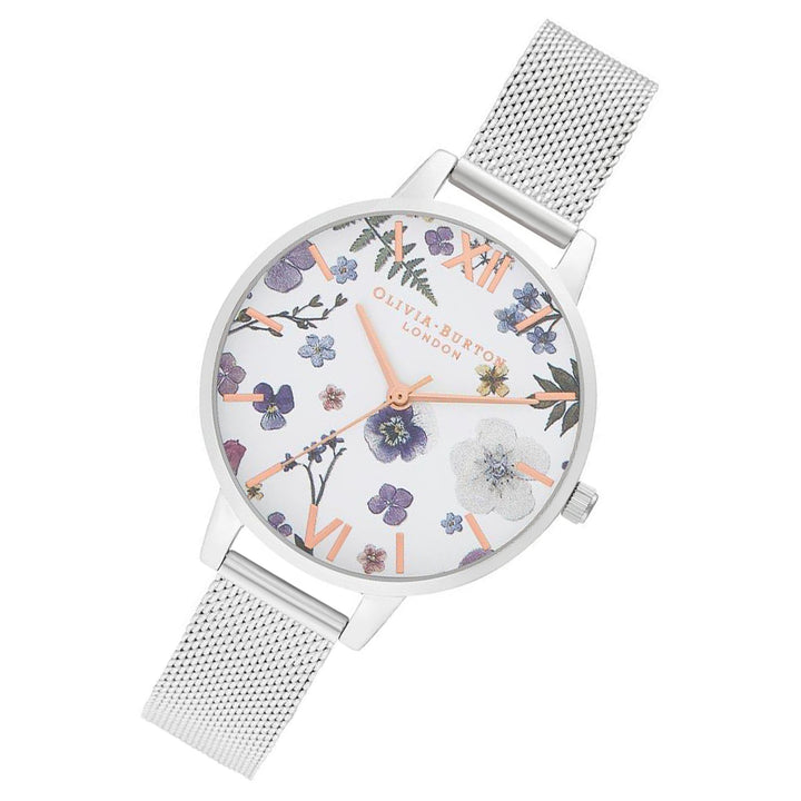 Olivia Burton Artisan Silver Mesh White and Floral Dial Women's Watch - OB16AR09