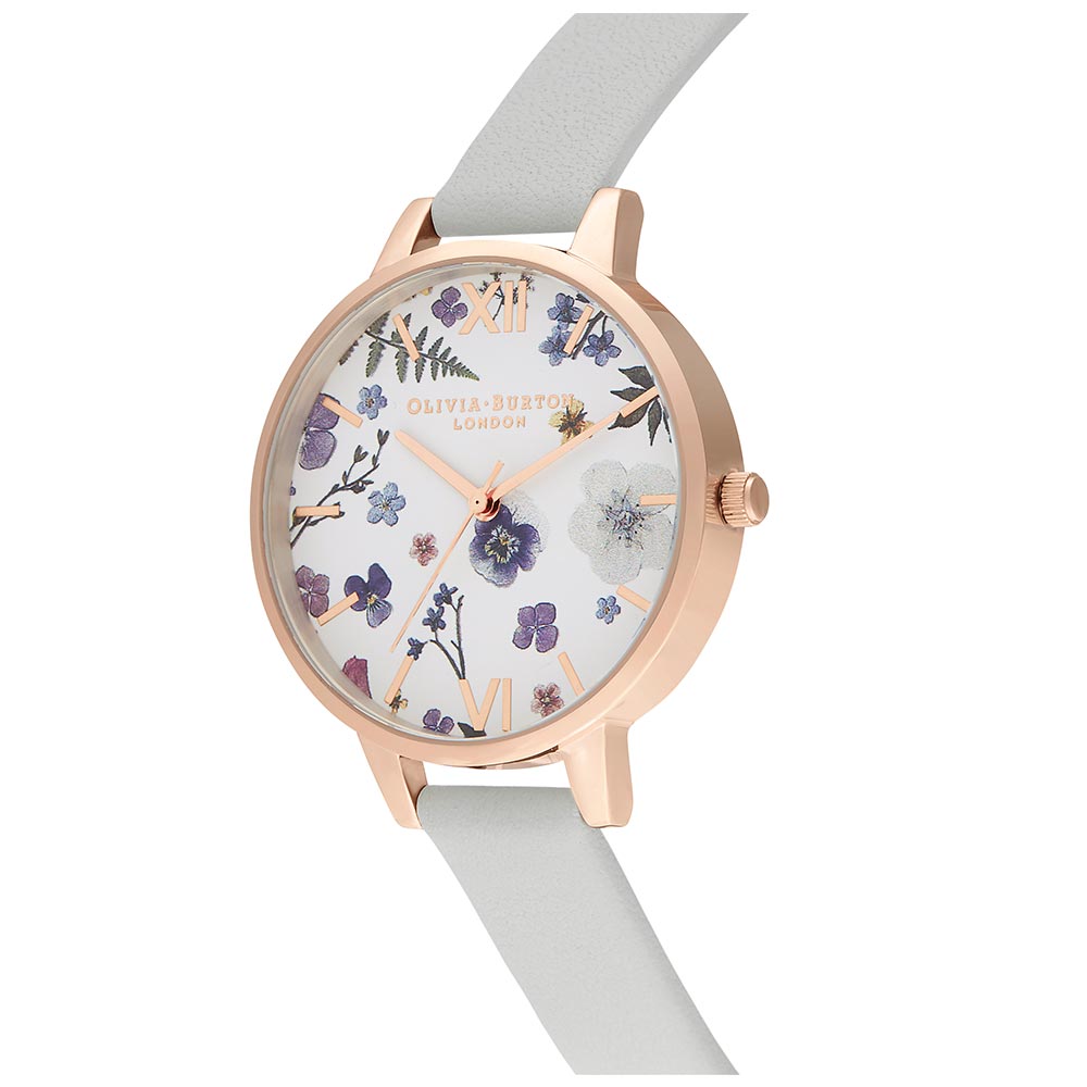 Olivia Burton Grey Leather White and Floral Dial Women's Watch - OB16AR10