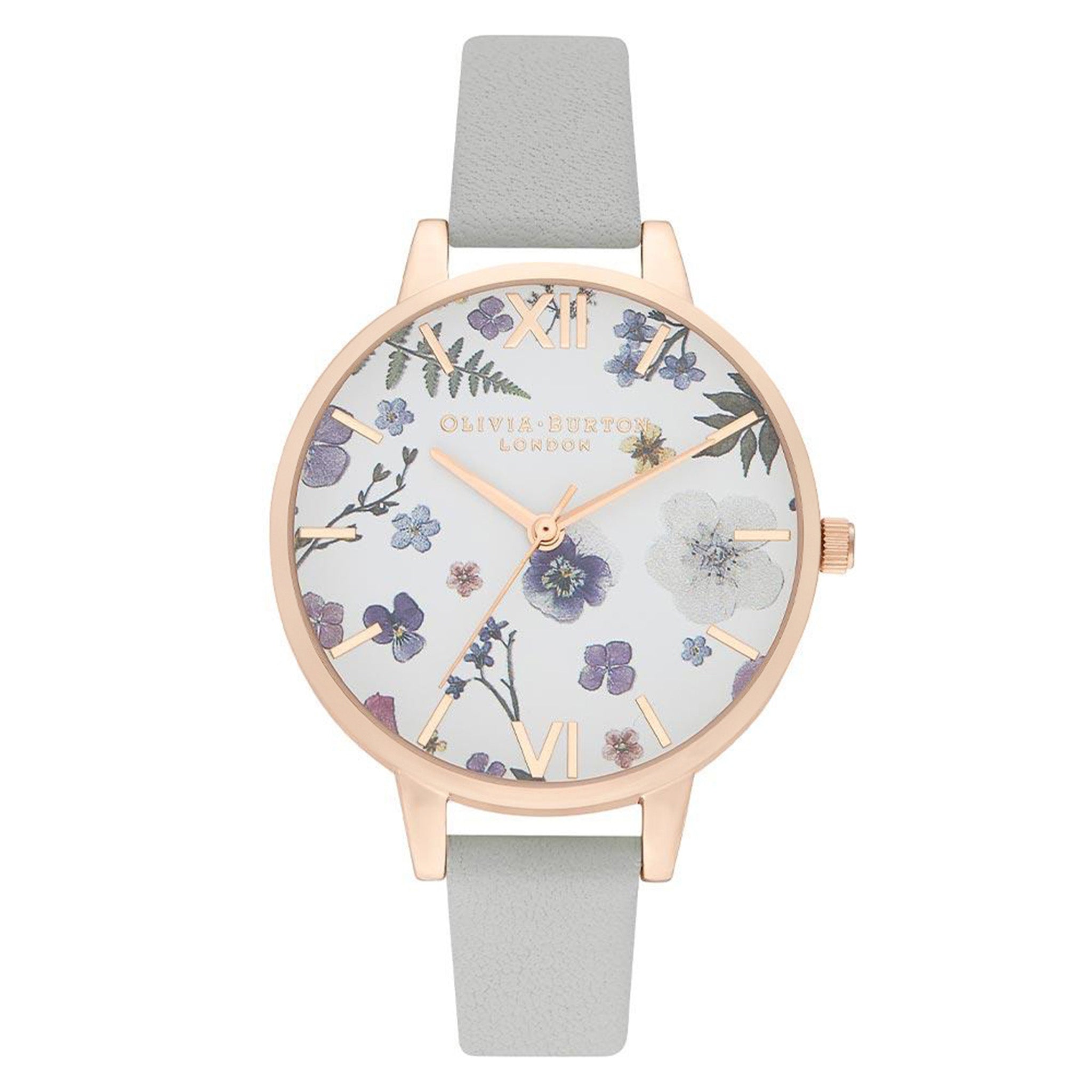 Olivia Burton Grey Leather White and Floral Dial Women's Watch - OB16AR10