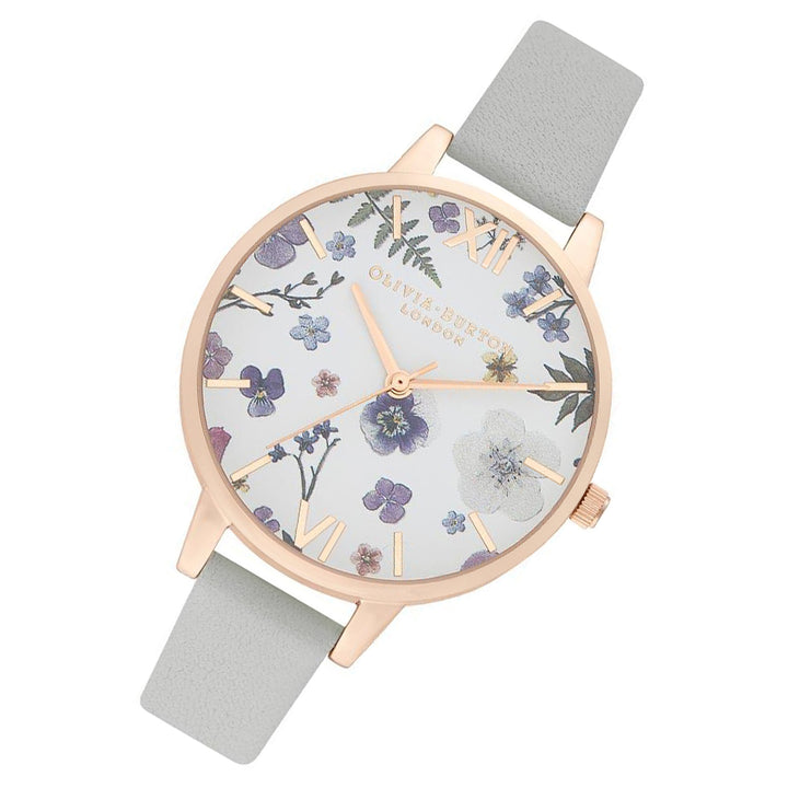 Olivia Burton Grey Leather White and Floral Dial Women's Watch - OB16AR10