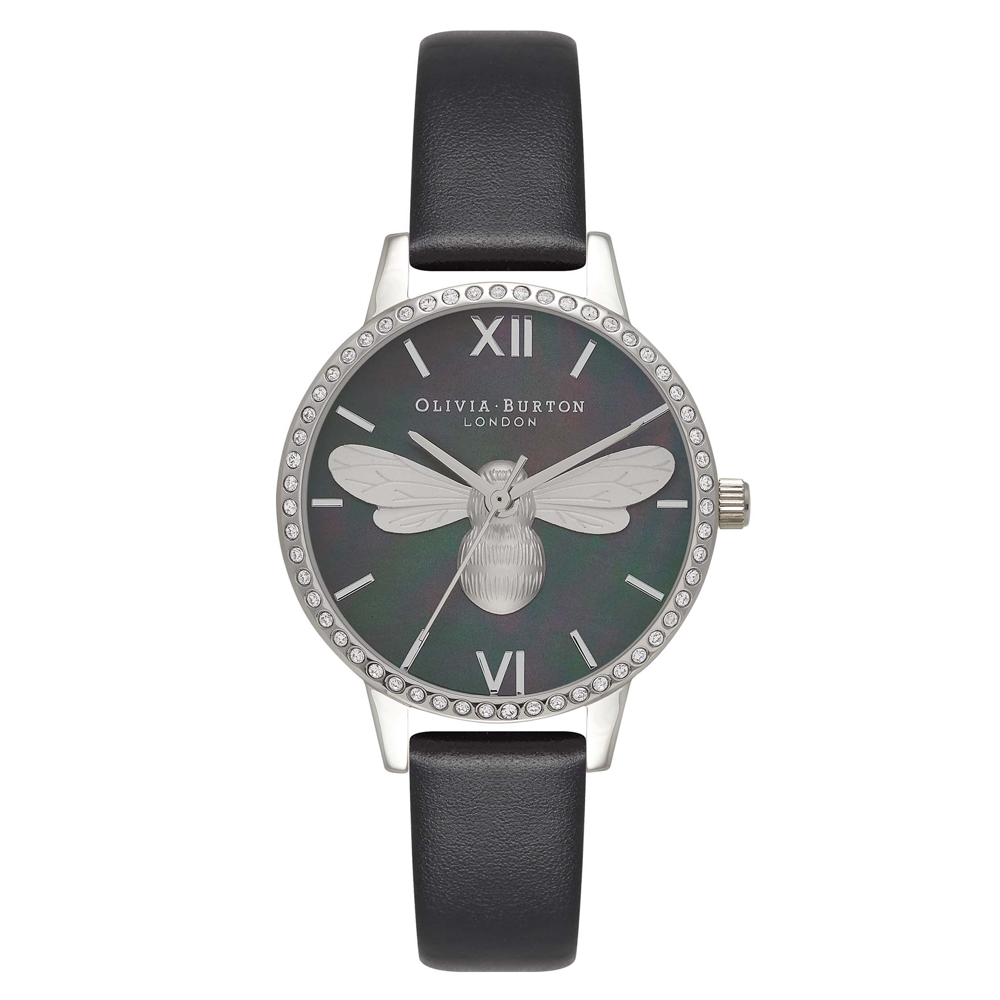 Olivia Burton Lucky Bee Midi Sparkle Dial Black Silver Women s