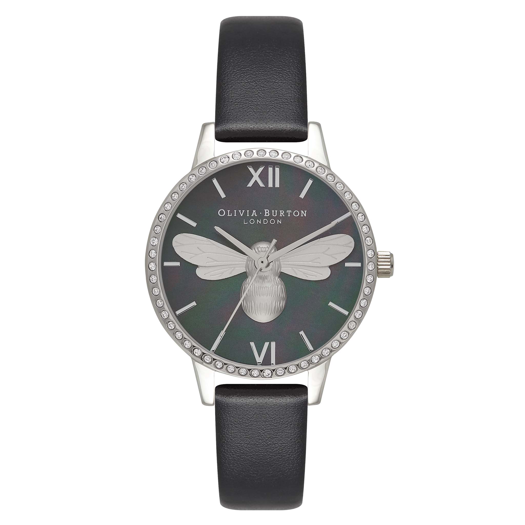 Olivia Burton Lucky Bee Midi Sparkle Dial, Black & Silver Women's Watch - OB16BB13
