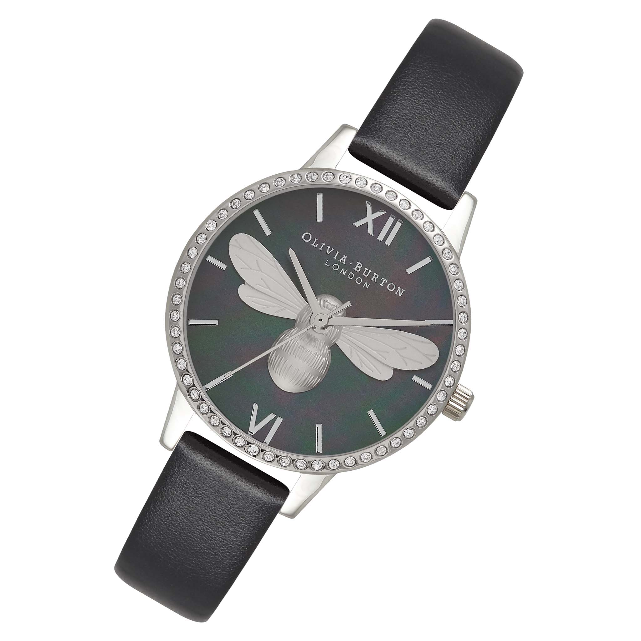 Olivia Burton Lucky Bee Midi Sparkle Dial, Black & Silver Women's Watch - OB16BB13