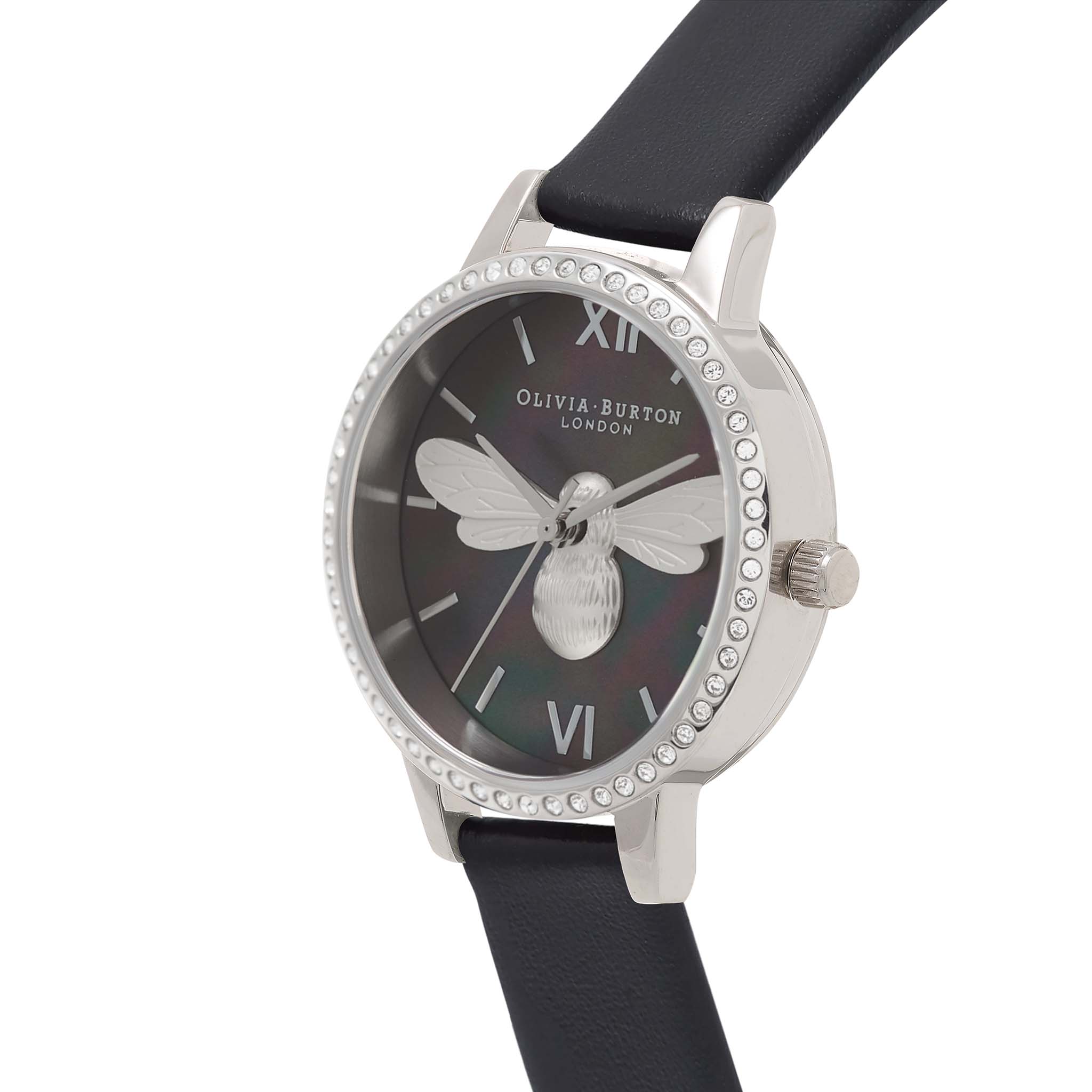Olivia Burton Lucky Bee Midi Sparkle Dial, Black & Silver Women's Watch - OB16BB13