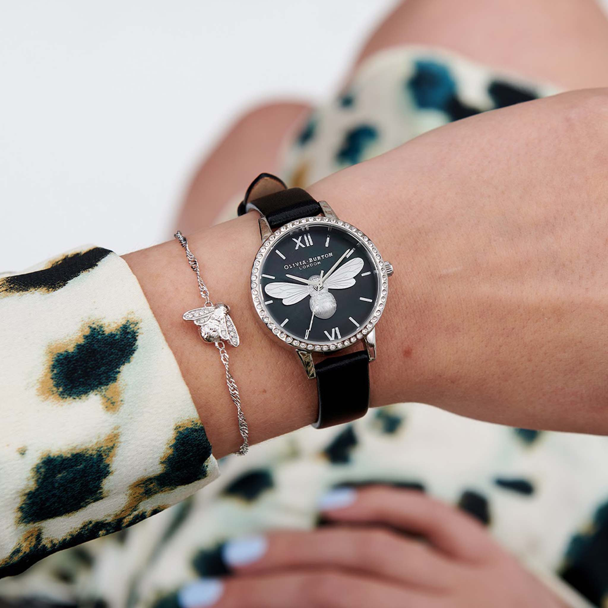 Olivia Burton Lucky Bee Midi Sparkle Dial, Black & Silver Women's Watch - OB16BB13