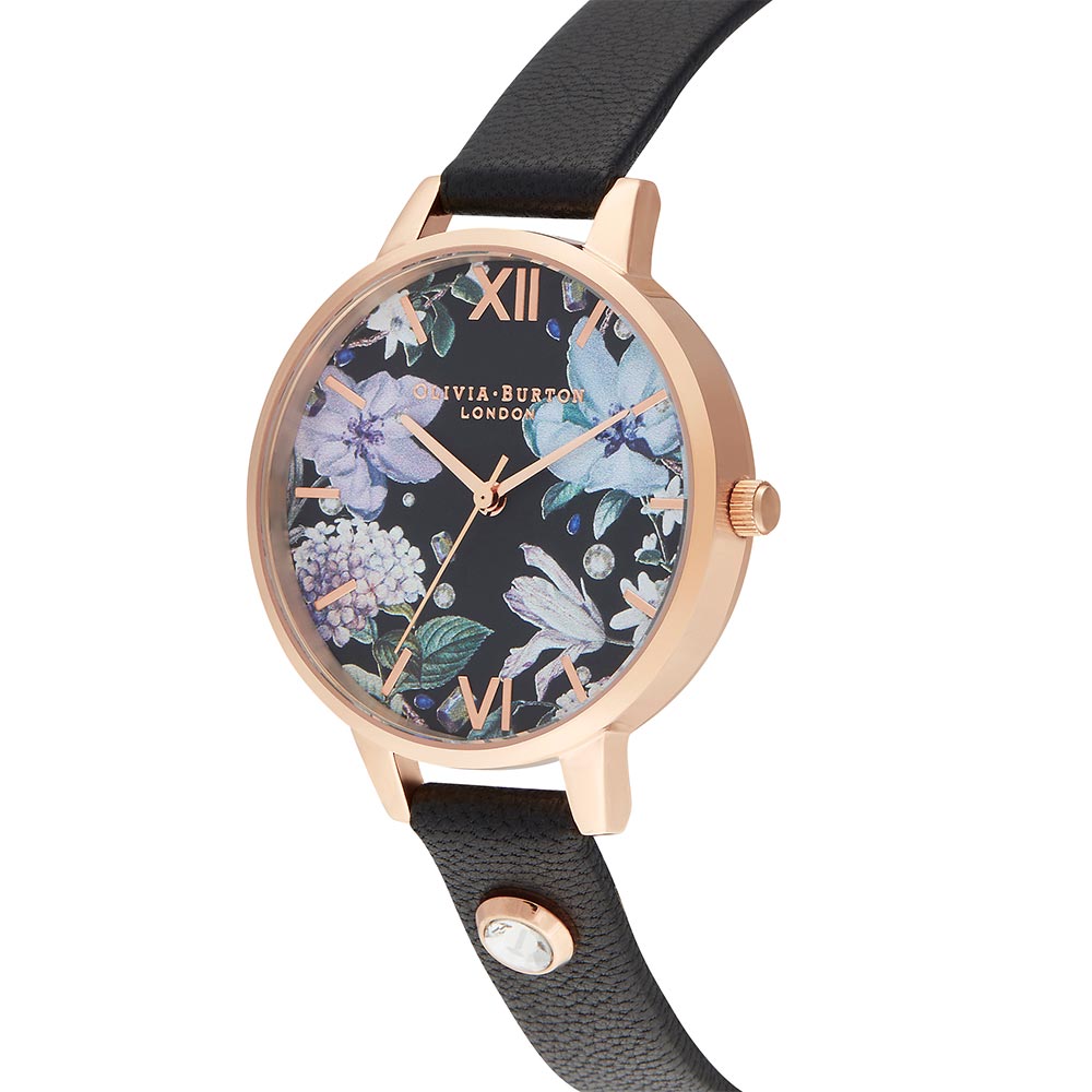 Olivia Burton Bejewelled Black Leather Floral Dial Women's Watch - OB16BF23
