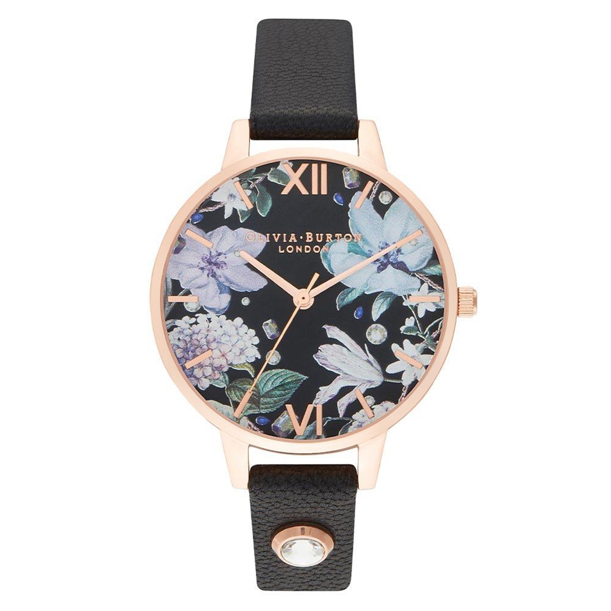Olivia Burton Bejewelled Black Leather Floral Dial Women's Watch - OB16BF23