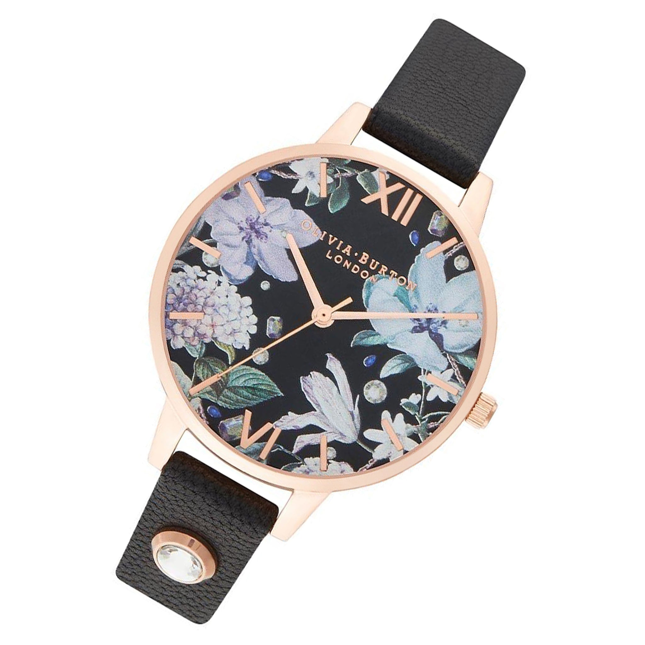 Olivia Burton Bejewelled Black Leather Floral Dial Women's Watch - OB16BF23