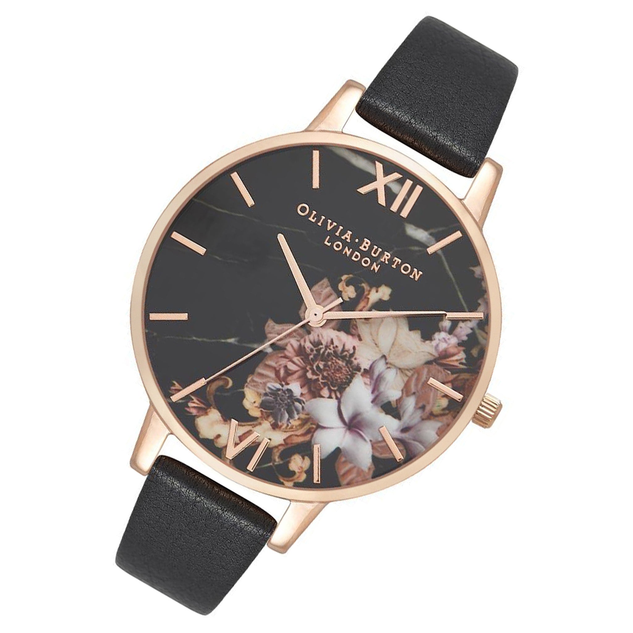 Olivia Burton Marble Black Leather Floral Dial Women's Watch - OB16CS01