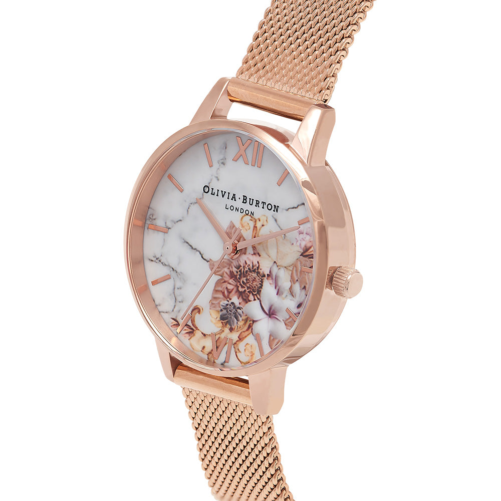 Olivia Burton Marble Floral Rose Gold Mesh Ladies Watch - OB16CS06