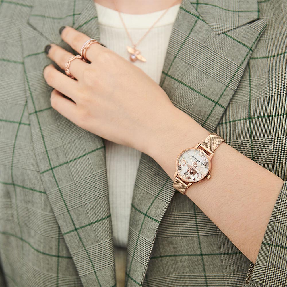 Olivia Burton Marble Floral Rose Gold Mesh Ladies Watch - OB16CS06