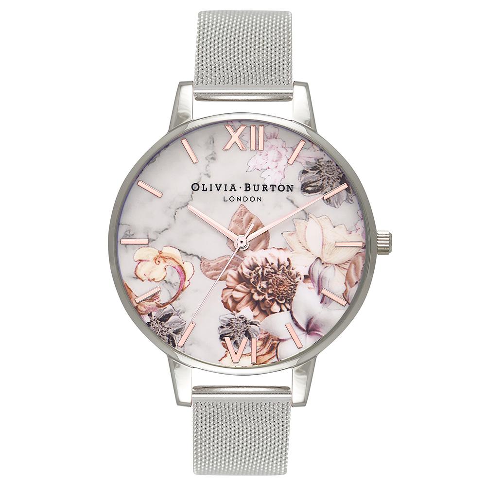 Olivia Burton Marble Floral Rose Gold & Silver Mesh Ladies Watch - OB16CS10