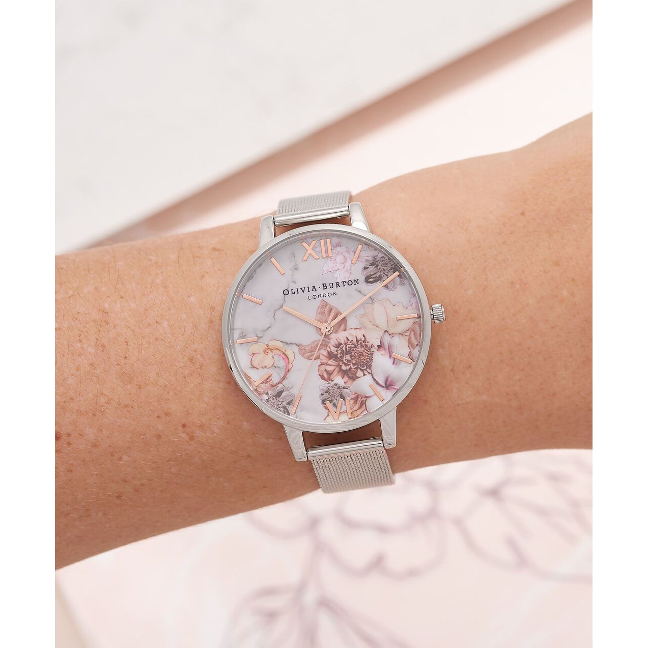 Olivia Burton Marble Floral Rose Gold & Silver Mesh Ladies Watch - OB16CS10