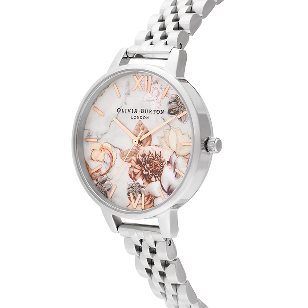 Olivia Burton Marble Florals Silver Bracelet Ladies Watch - OB16CS31