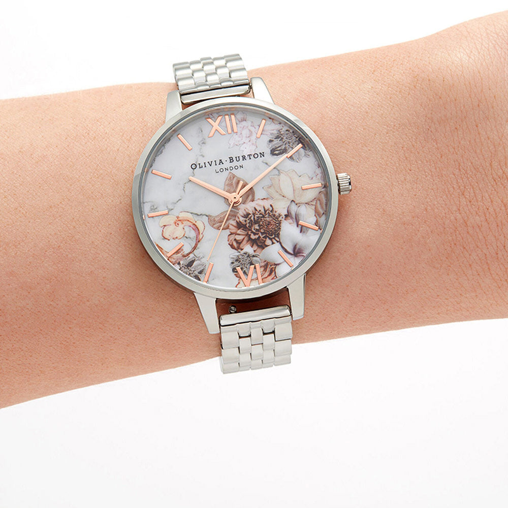 Olivia Burton Marble Florals Silver Bracelet Ladies Watch - OB16CS31