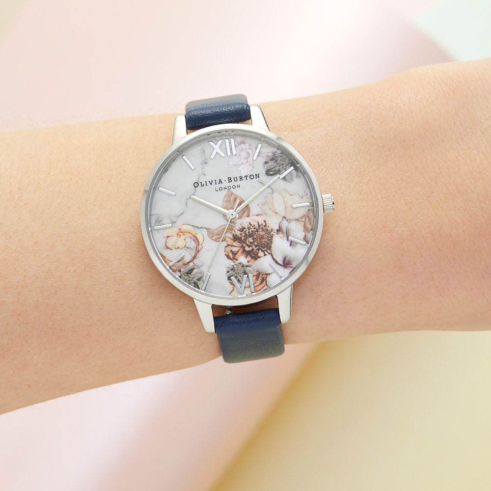 Olivia Burton Marble Florals Navy Leather Ladies Watch OB16CS33 The Watch Factory Australia