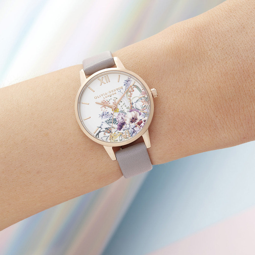 Olivia Burton Enchanted Garden Grey Lilac Leather Women's Watch - OB16EG150