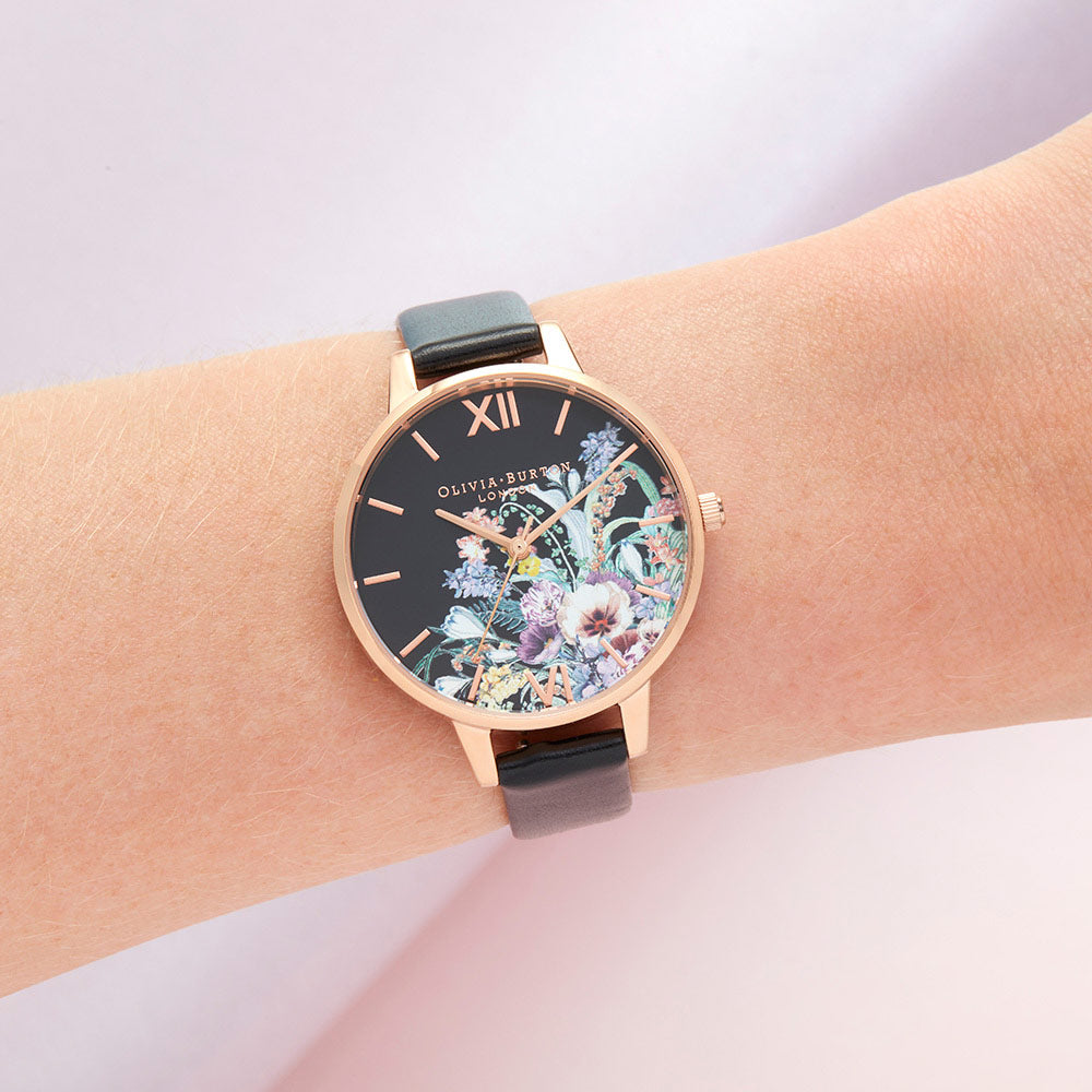Olivia Burton Enchanted Garden Black Leather Ladies Watch - OB16EG155